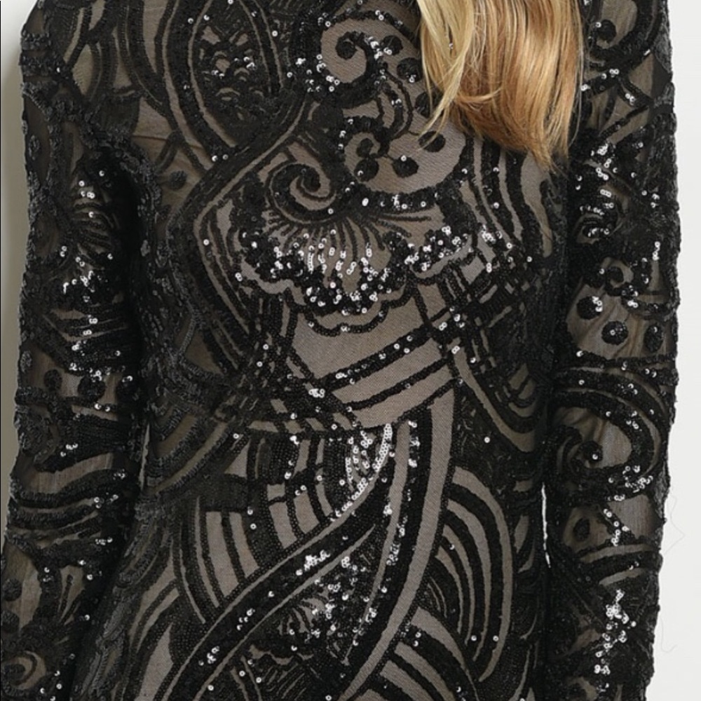 BLACK MOCK NECK LINED SEQUINS DRESS - Picture 2 of 7